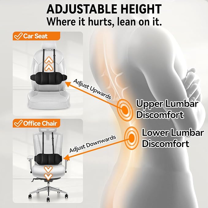 Lumbar Support Pillow for Car and Office – Ergonomic Memory Foam Back Cushion with Breathable Mesh Cover and Adjustable Strap