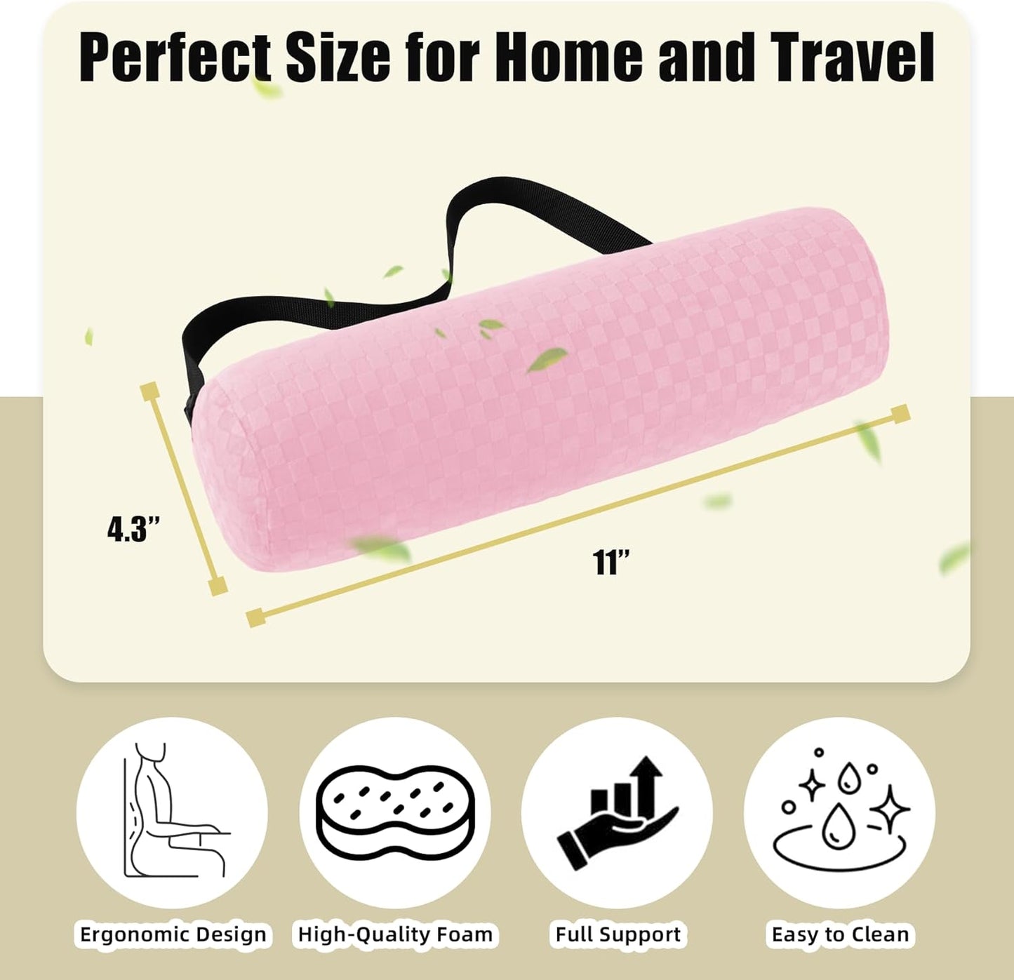 Pink Cylindrical Car Lumbar Support Pillow – Ergonomic Memory Foam Waist Cushion for Driving, Office, Home & Travel – Removable Washable Cover, Compact & Breathable Design