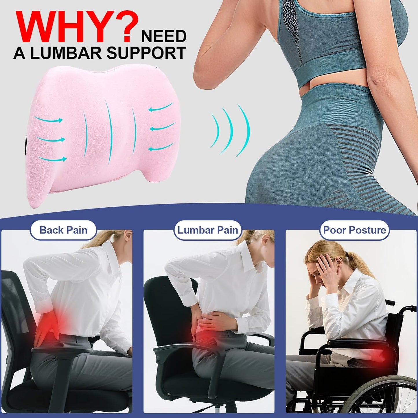 Pink Lumbar Support Pillow – Ergonomic Memory Foam Car Back Cushion for Lower Back Pain Relief, Adjustable Strap for Car Seat & Office Chair