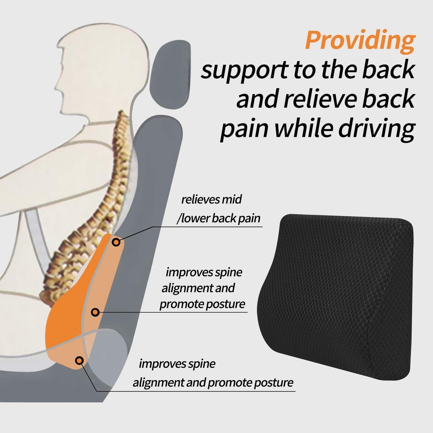 Lumbar Support Pillow for Car and Office – Ergonomic Memory Foam Back Cushion with Breathable Washable Cover