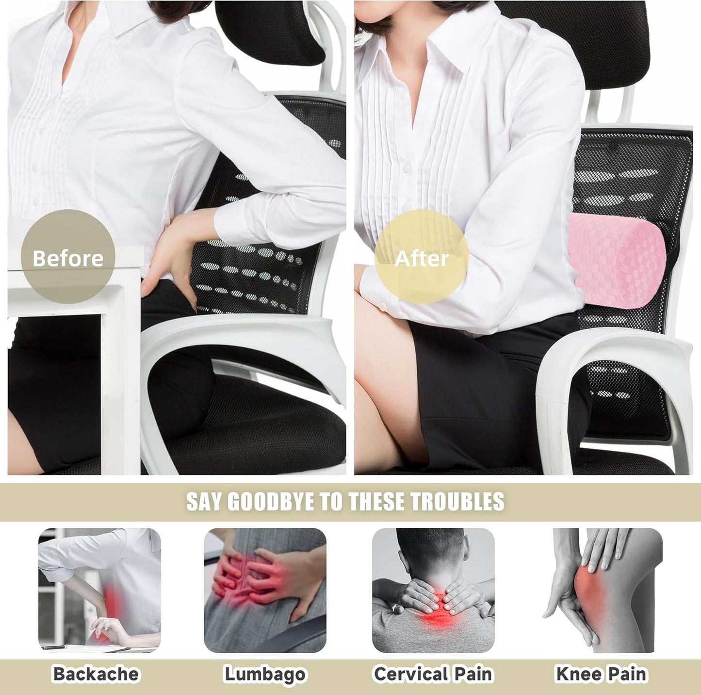 Pink Cylindrical Car Lumbar Support Pillow – Ergonomic Memory Foam Waist Cushion for Driving, Office, Home & Travel – Removable Washable Cover, Compact & Breathable Design