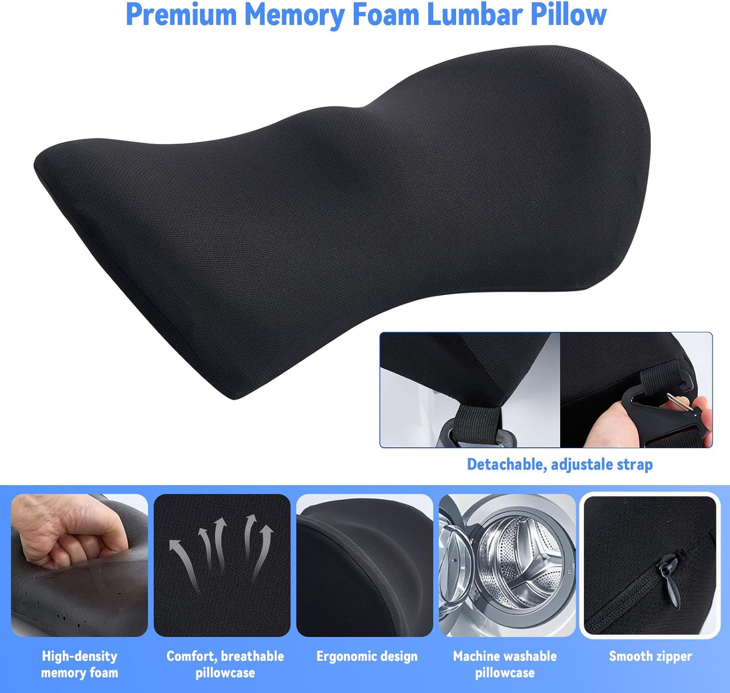 Portable Foldable Car Lumbar Support Pillow – Ergonomic Memory Foam Back Cushion with Washable Cover, Compact Travel-Friendly Design for Car, Office, and Home