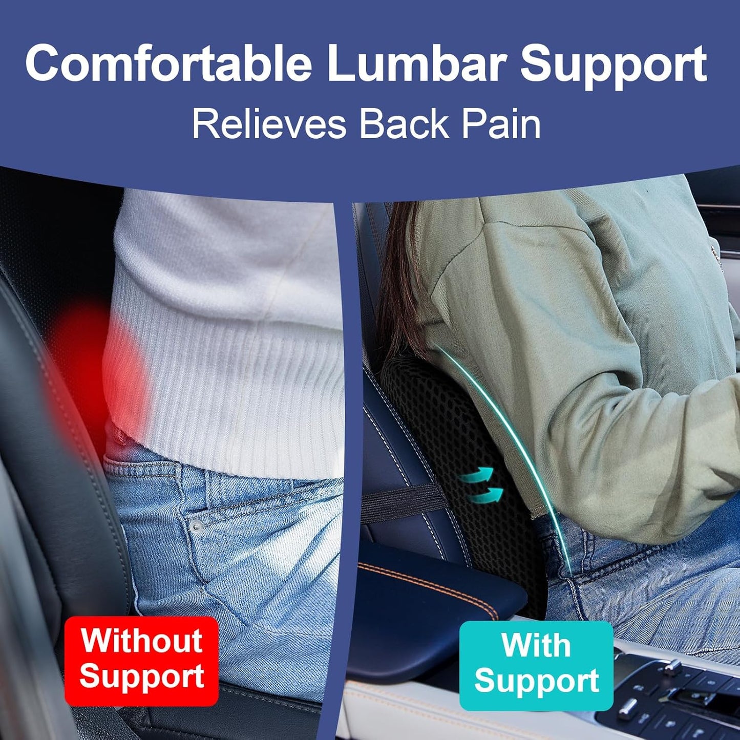 Lumbar Support Pillow for Car and Office – Ergonomic Memory Foam Back Cushion with Breathable Mesh Cover and Adjustable Strap