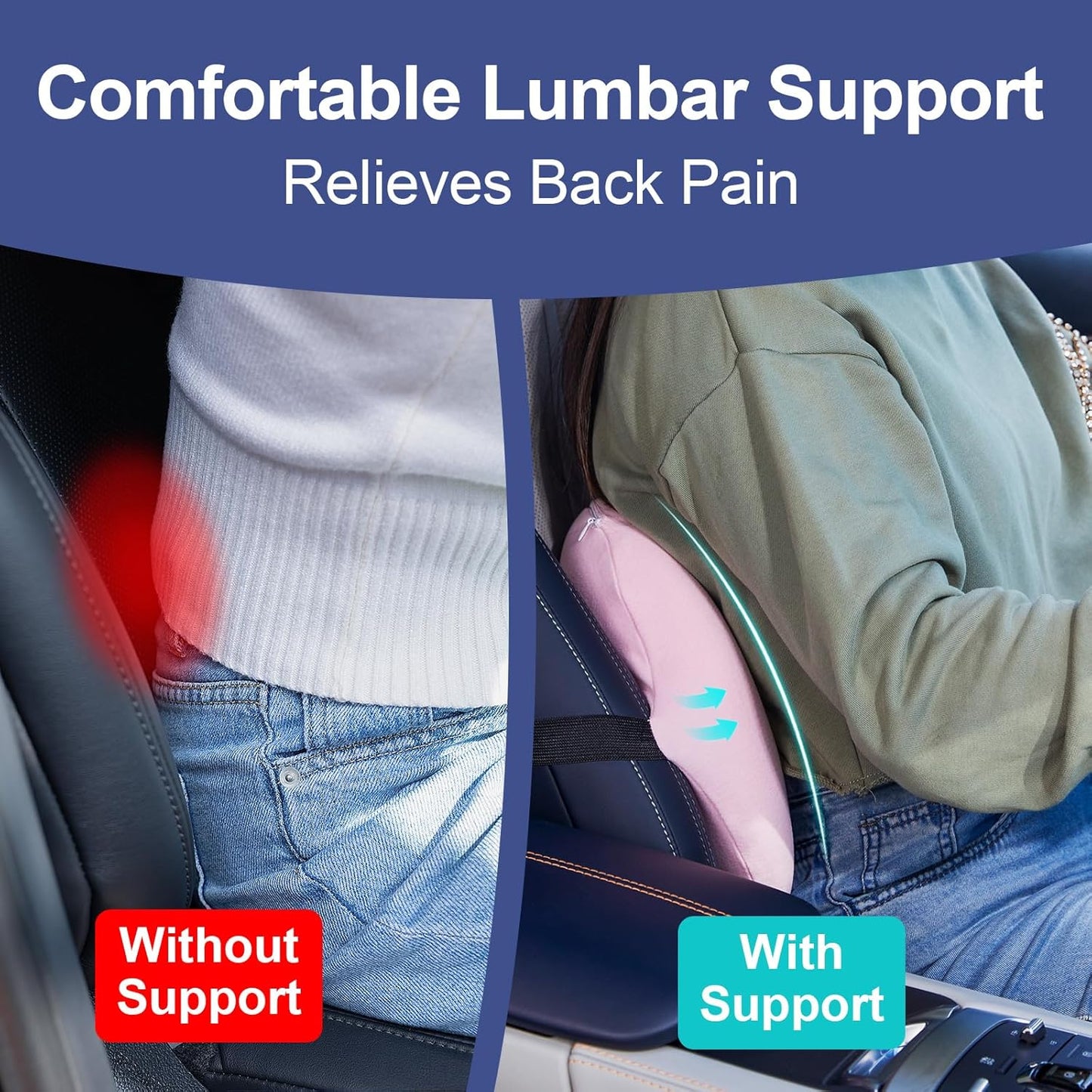 Pink Lumbar Support Pillow – Ergonomic Memory Foam Car Back Cushion for Lower Back Pain Relief, Adjustable Strap for Car Seat & Office Chair