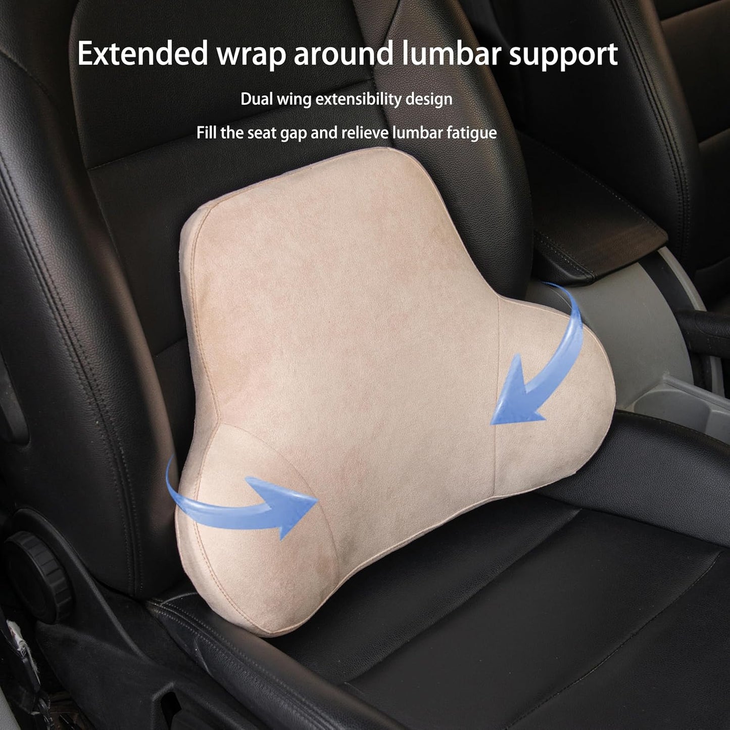 Wide Lumbar Support Pillow – Ergonomic Memory Foam Back Cushion for Car Seat and Office Chair, Suede-Feel Fabric, Removable & Washable Cover