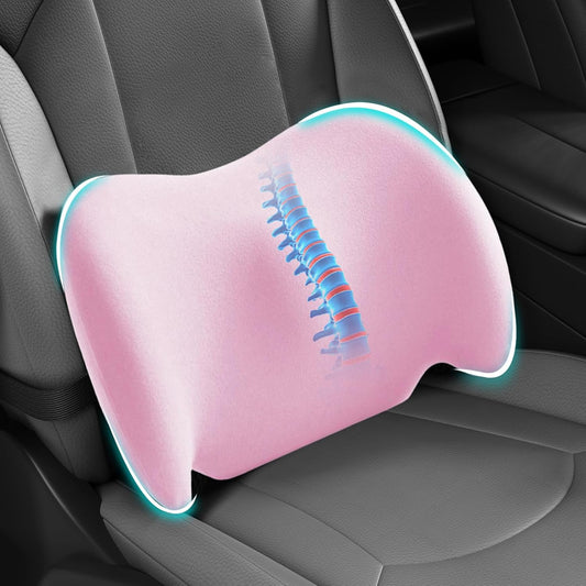 Pink Lumbar Support Pillow – Ergonomic Memory Foam Car Back Cushion for Lower Back Pain Relief, Adjustable Strap for Car Seat & Office Chair
