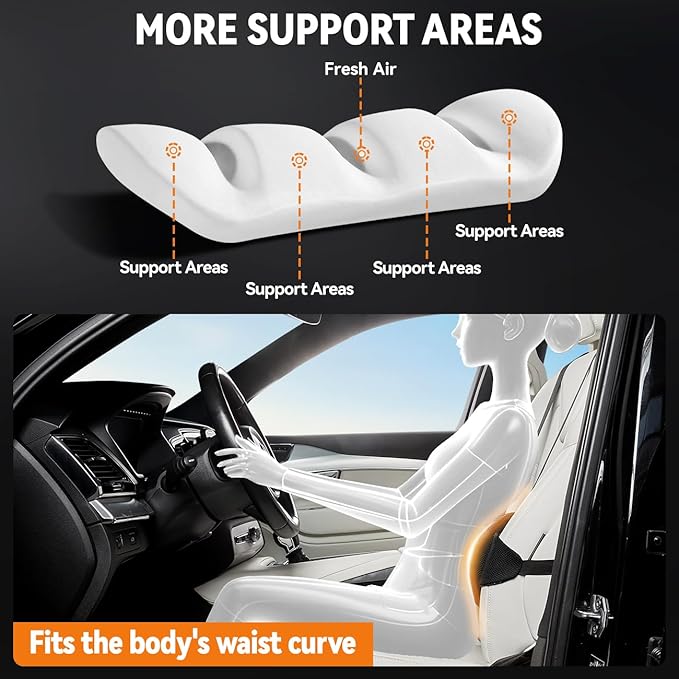 Lumbar Support Pillow for Car and Office – Ergonomic Memory Foam Back Cushion with Breathable Mesh Cover and Adjustable Strap