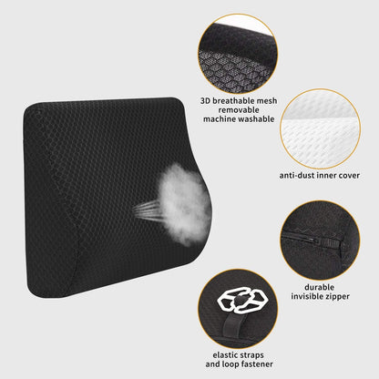 Lumbar Support Pillow for Car and Office – Ergonomic Memory Foam Back Cushion with Breathable Washable Cover