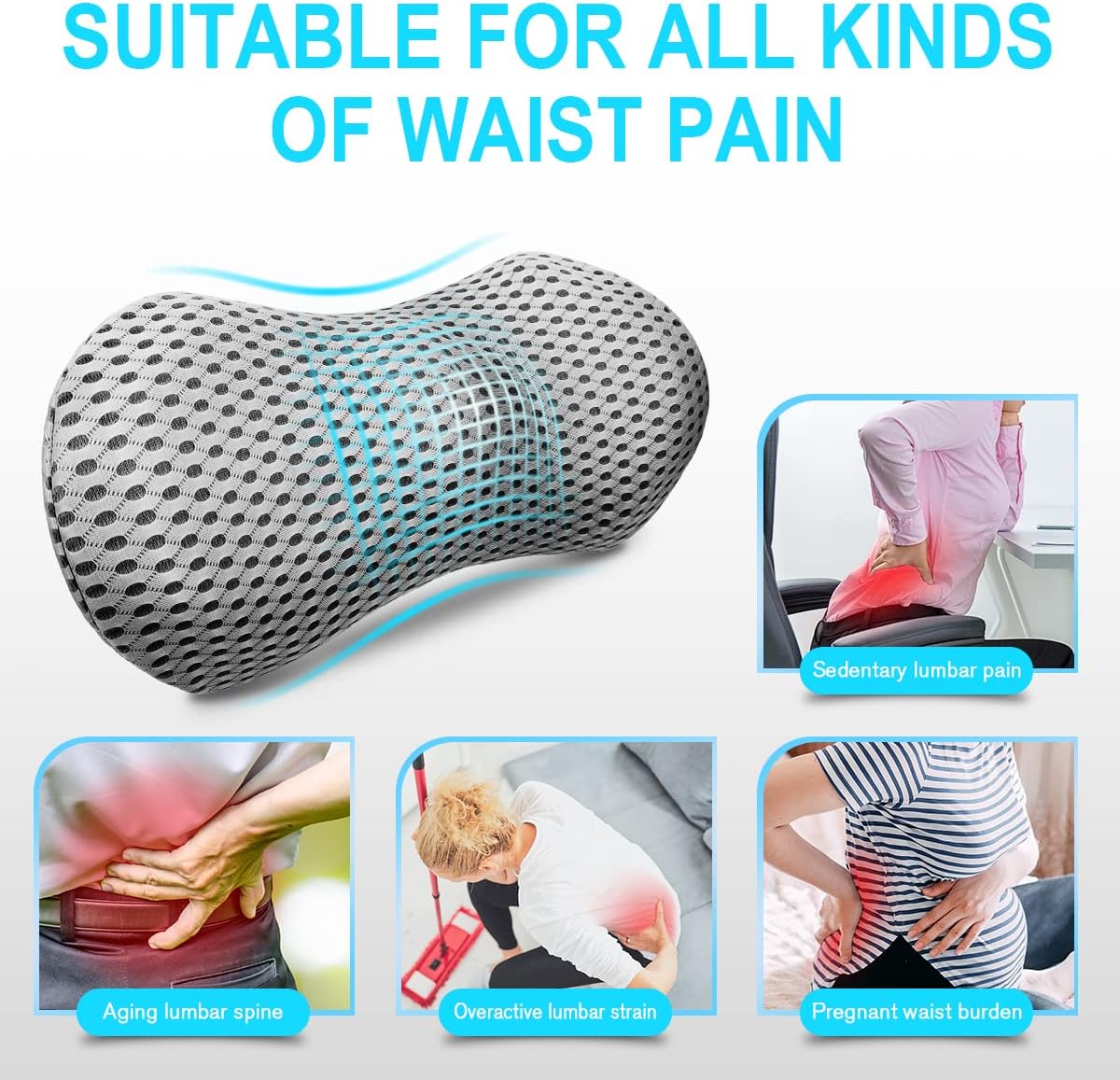 Lumbar Support Pillow for Car and Office – Ergonomic Memory Foam Back Cushion with 4D Breathable Mesh Cover, Removable & Washable