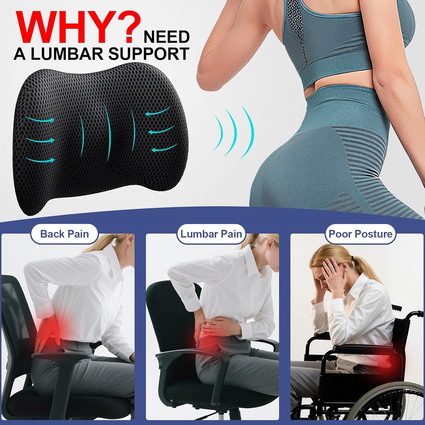 Lumbar Support Pillow for Car and Office – Ergonomic Memory Foam Back Cushion with Breathable Mesh Cover and Adjustable Strap